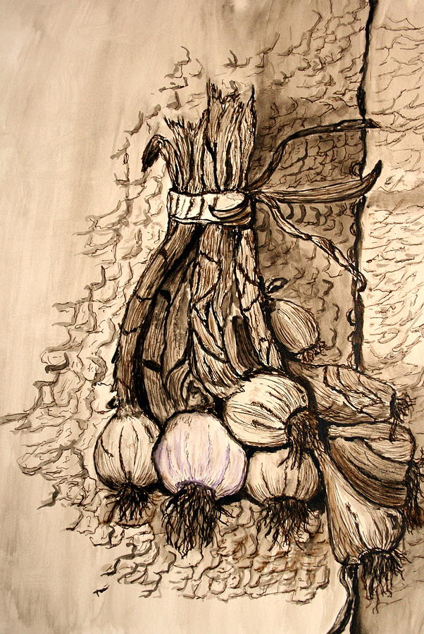 Garlic on a wall. Painting by Shlomo Zangilevitch