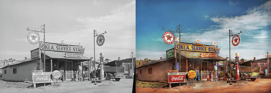 Gas Station - Oklahoma Service Station 1939 - Side by Side Photograph by Mike Savad