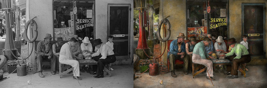 Gas Station - Playing checkers togther 1939 - Side by sdie Photograph by Mike Savad