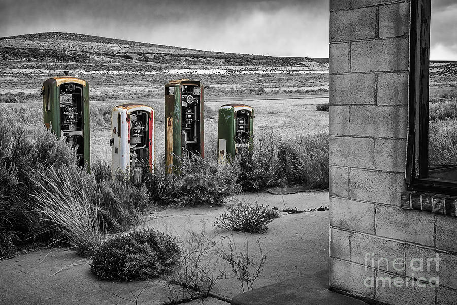 Gas Station Relics in Black and White with Selective Color Photograph by Priscilla Burgers