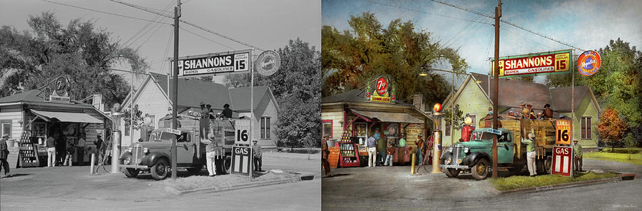 Gas Station - Shannons super gasolines 1939 - Side by Side Photograph by Mike Savad