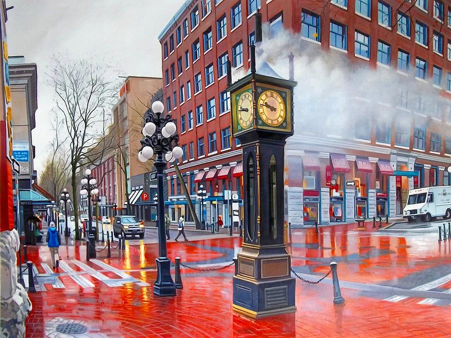 Artist Painting - Gastown Steam Clock After the Rain by Warren Chiu