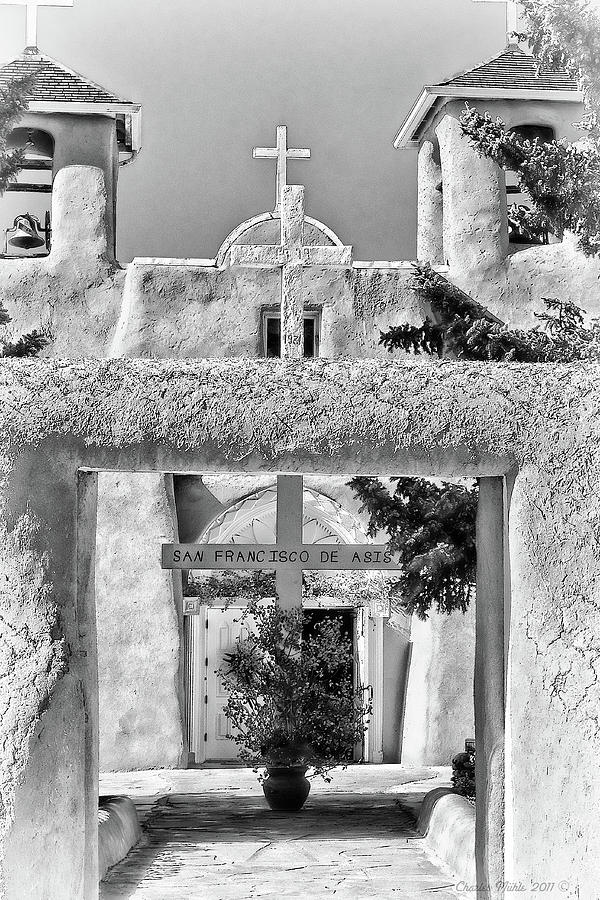 Gate to Ranchos church Black and White Photograph by Charles Muhle