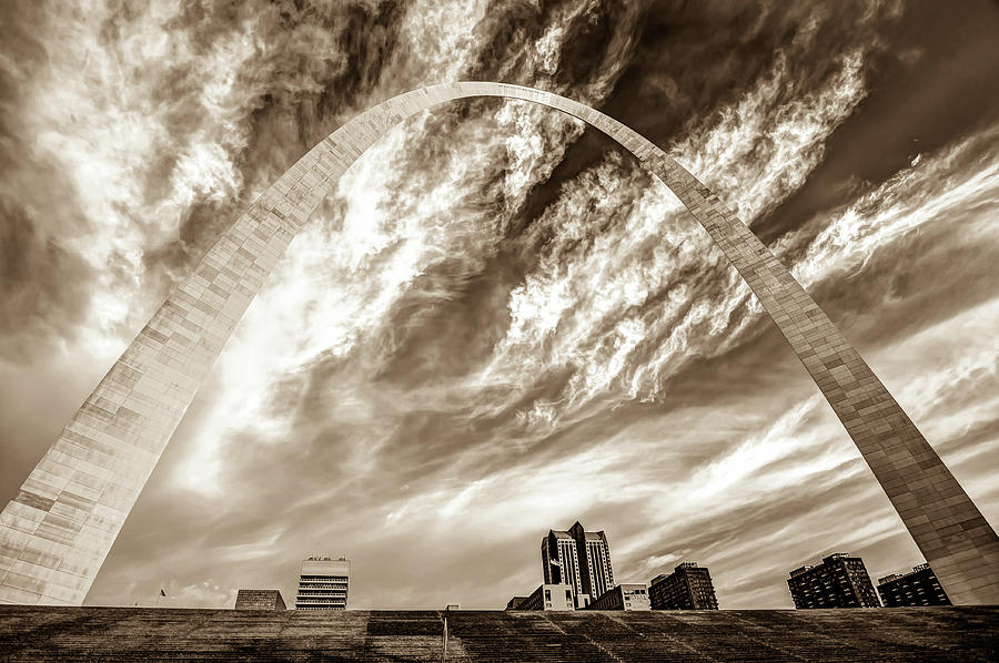 Architecture Photograph - Gateway Arch over the Saint Louis Skyline - Sepia by Gregory Ballos