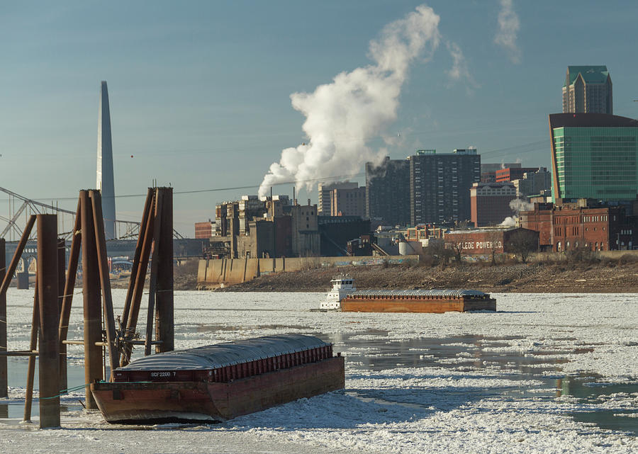Gateway Express  on the Icy Mississippi river Photograph by Garry McMichael
