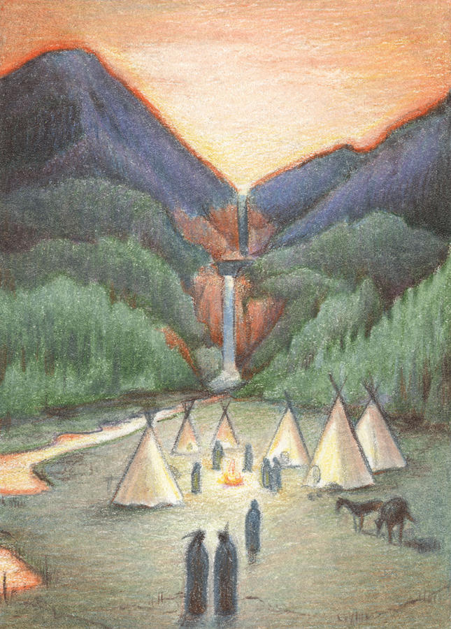 Sunset Drawing - Gathering At The Falls by Amy S Turner