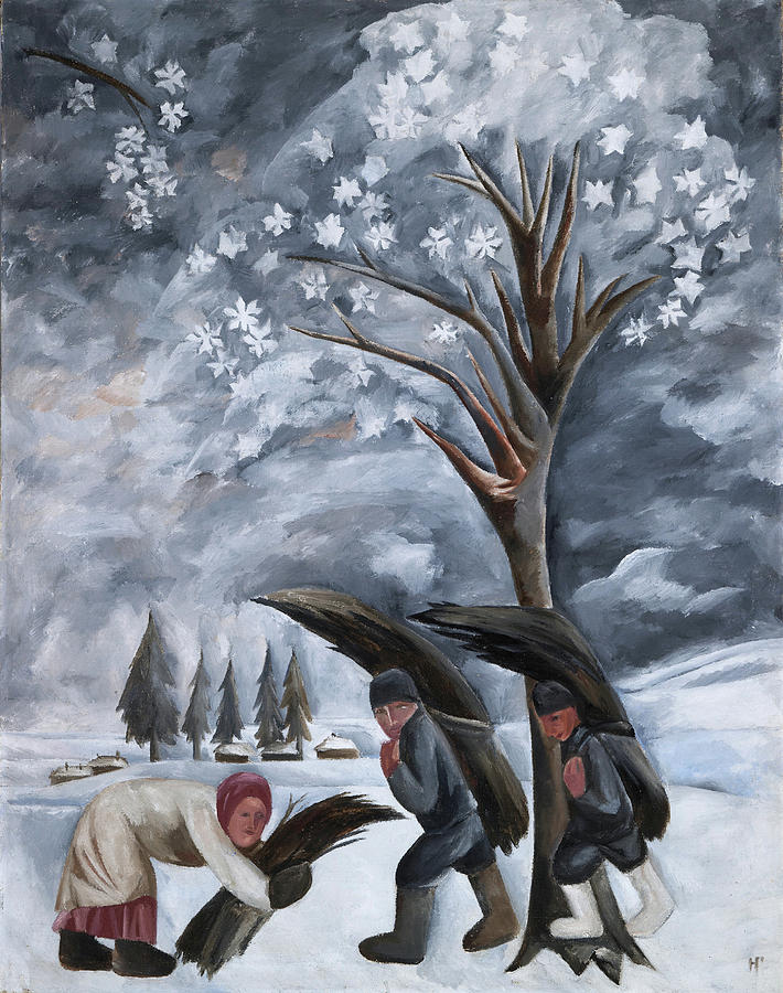 Gathering Brushwood in Winter Painting by Natalia Goncharova