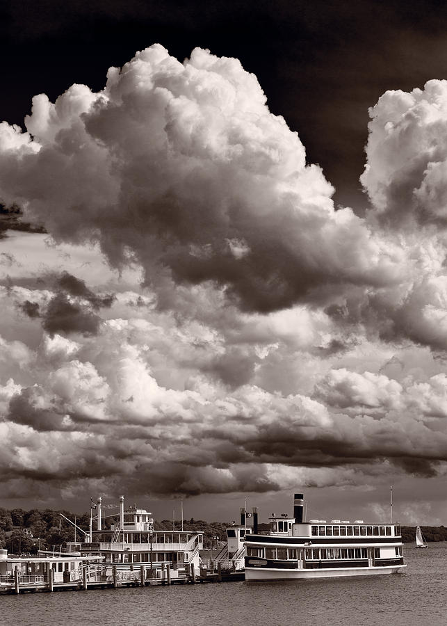 Boat Photograph - Gathering Clouds Over Lake Geneva BW by Steve Gadomski