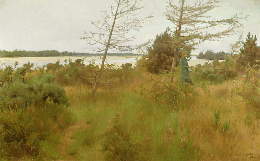Landscape Painting - Gathering Firewood by the shore of a lake by Alexander Mann