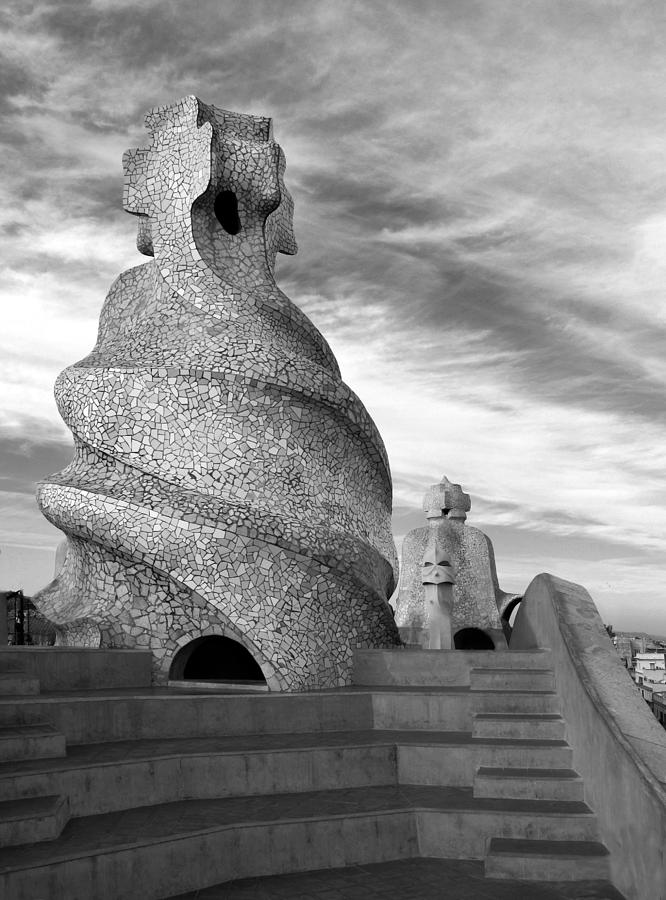 Gaudis Chimneys of the Pedrera BW Photograph by Dave Mills