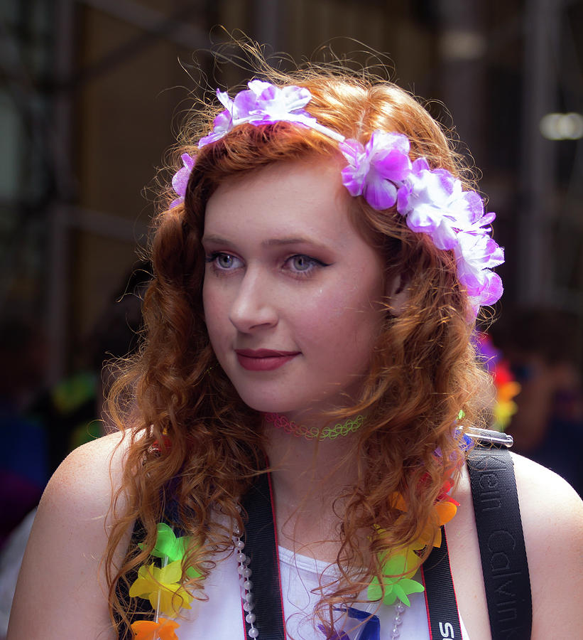Gay Pride 2017 NYC Female Marcher Flowered Head Band Photograph by Robert Ullmann