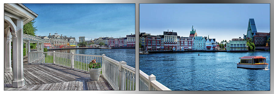 Castle Photograph - Gazebo 02 Disney World Boardwalk Boat Passing By 2 Panel MP by Thomas Woolworth