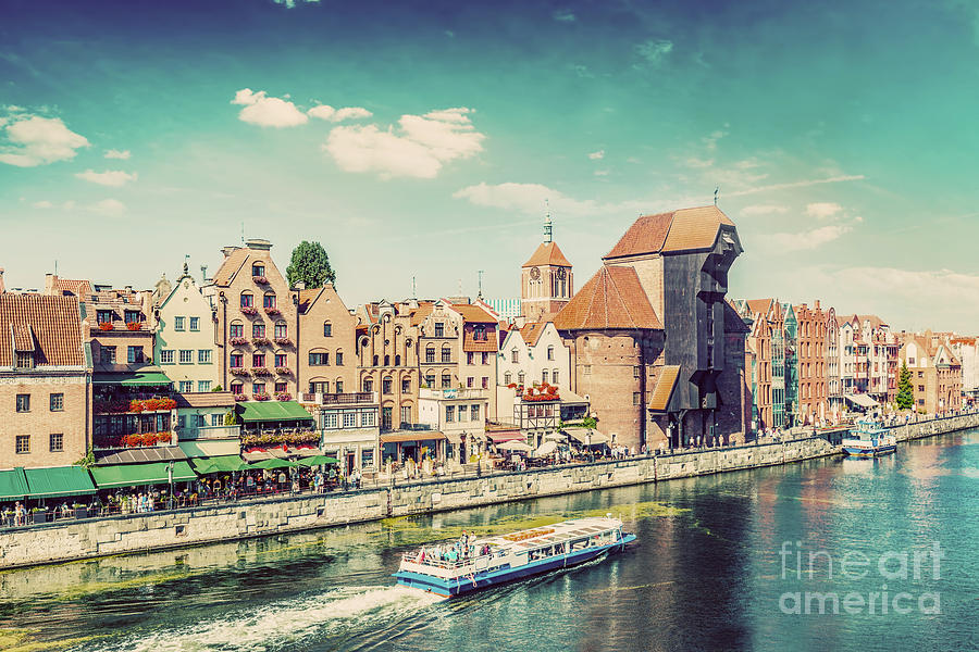 Gdansk old town and famous crane, Polish Zuraw. Motlawa river in Poland. Vintage Photograph by Michal Bednarek