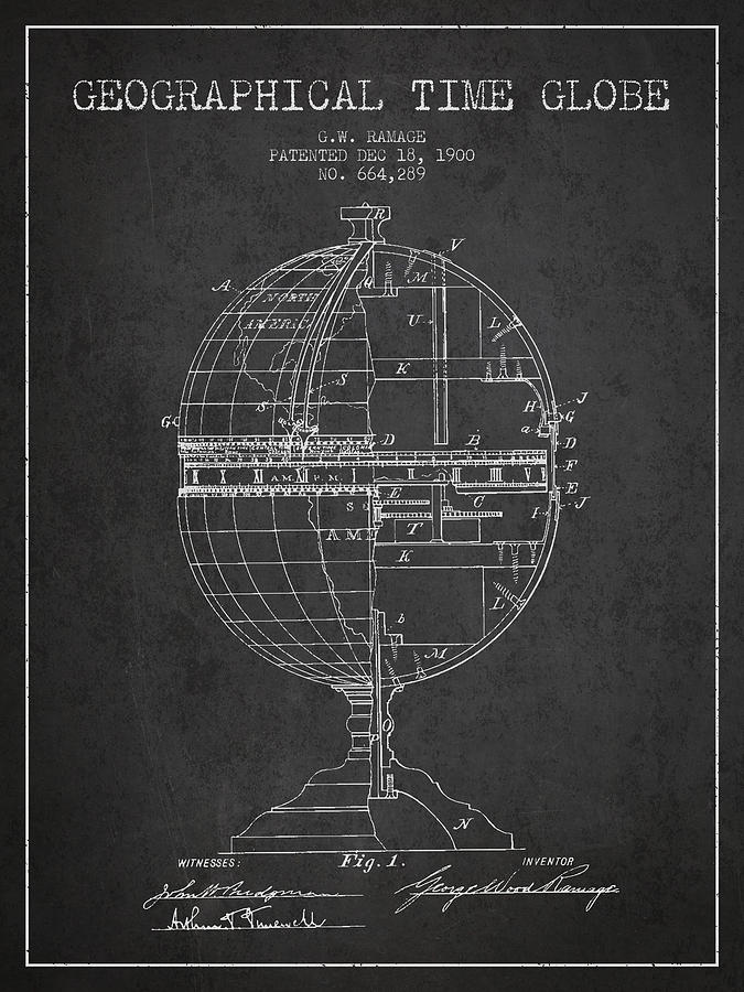 Vintage Digital Art - Geaographical Time Globe Patent from 1900 - Charcoal by Aged Pixel