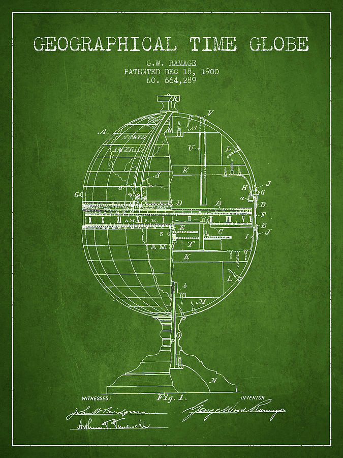 Vintage Digital Art - Geaographical Time Globe Patent from 1900 - Green by Aged Pixel
