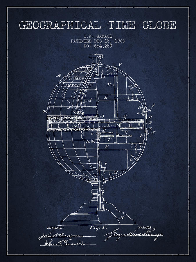 Vintage Digital Art - Geaographical Time Globe Patent from 1900 - Navy Blue by Aged Pixel