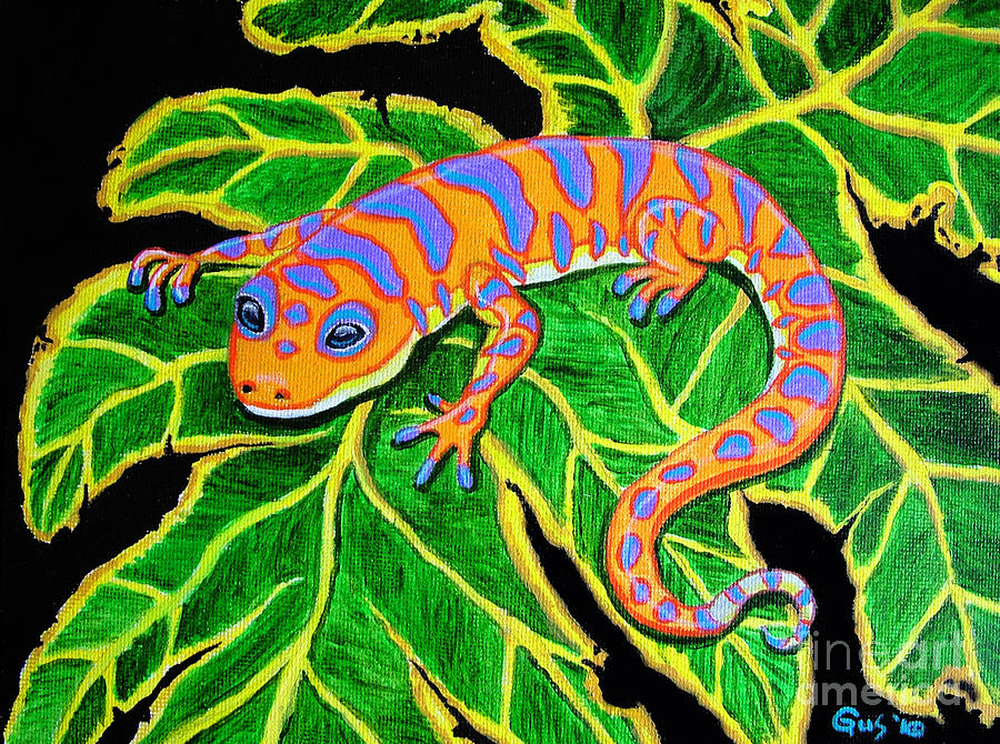 Gecko hanging on Painting by Nick Gustafson