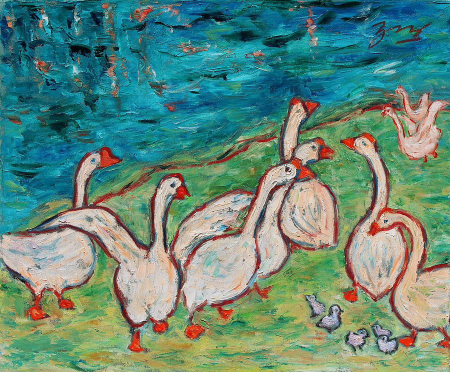Duck Painting - Geese by the Pond by Xueling Zou