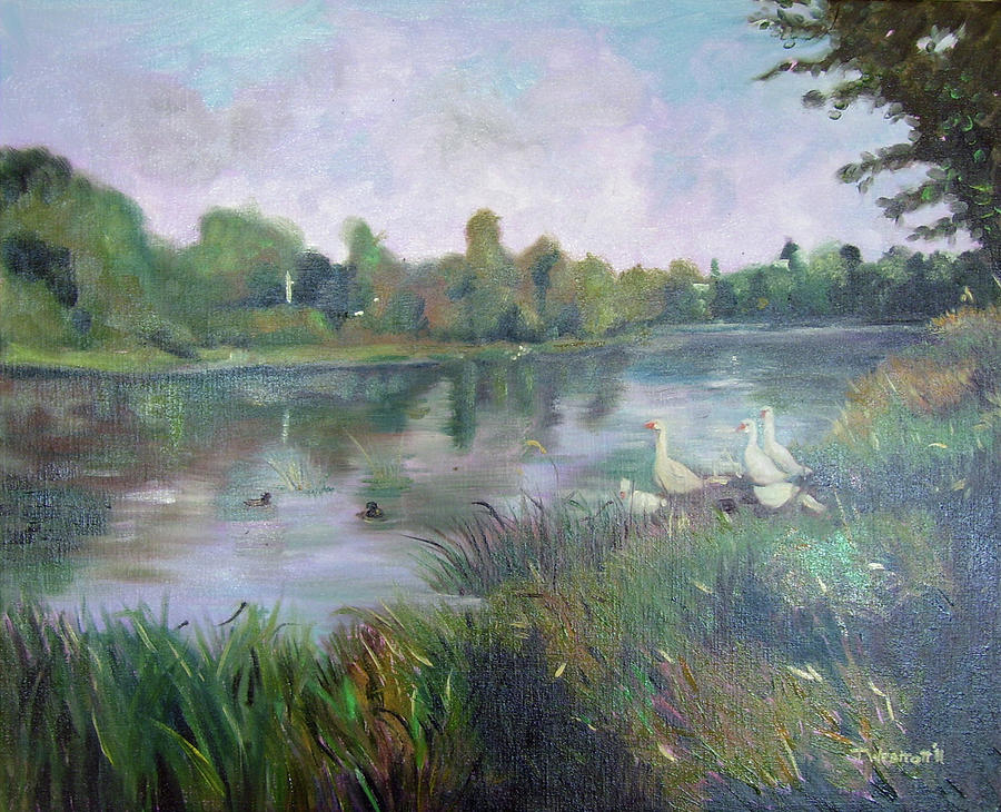 Geese Painting - Geese by the river by Jeni Westcott