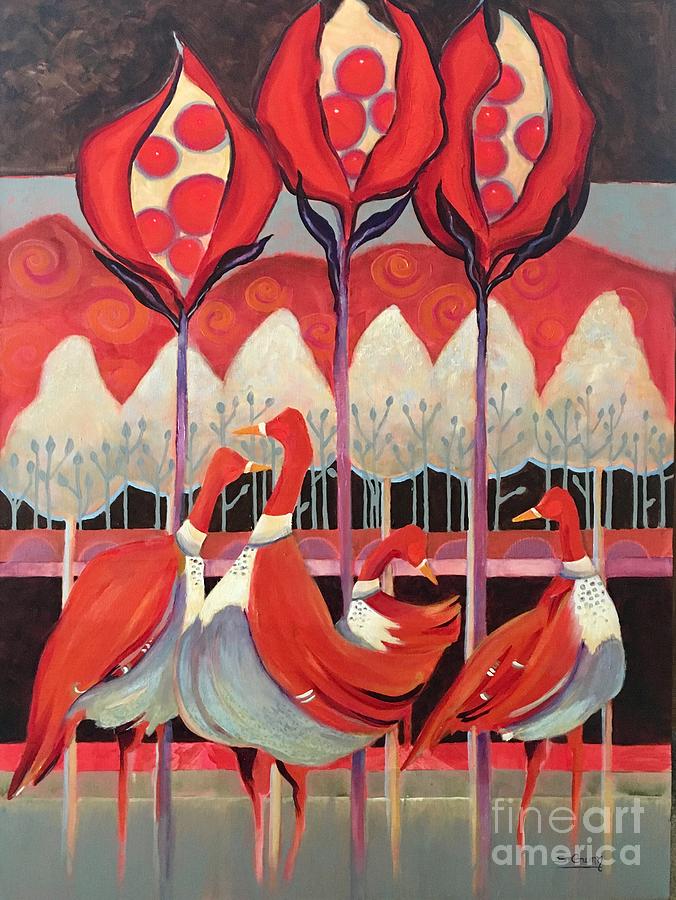 Geese Painting - Geese Under the Pomegranate Trees by Shane Guinn
