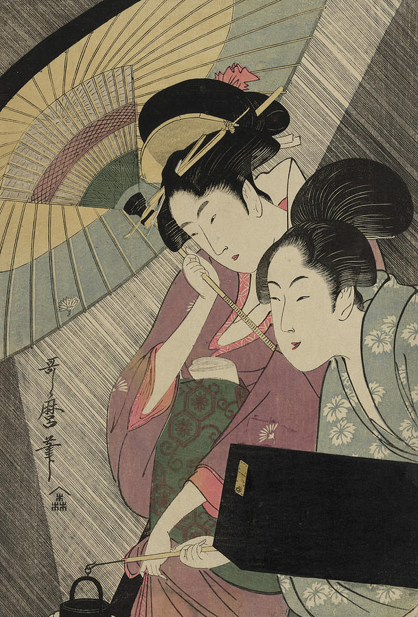 Kitagawa Utamaro Painting - Geisha and Attendant on a Rainy Night by Kitagawa Utamaro