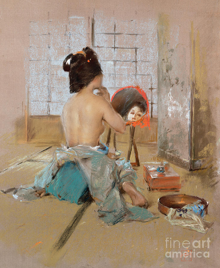 Robert Frederick Blum Painting - Geisha at her Toilet  by Robert Frederick Blum