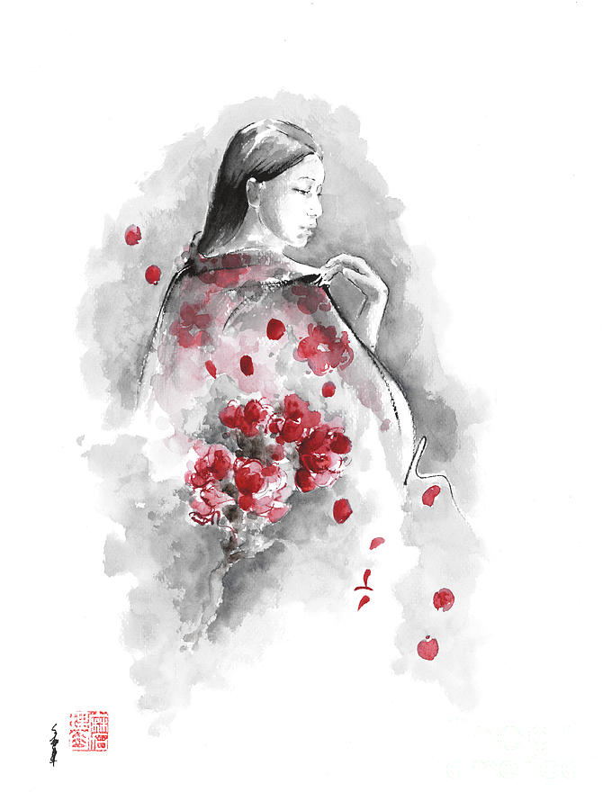 Geisha Cherry Blossom Painting By Mariusz Szmerdt