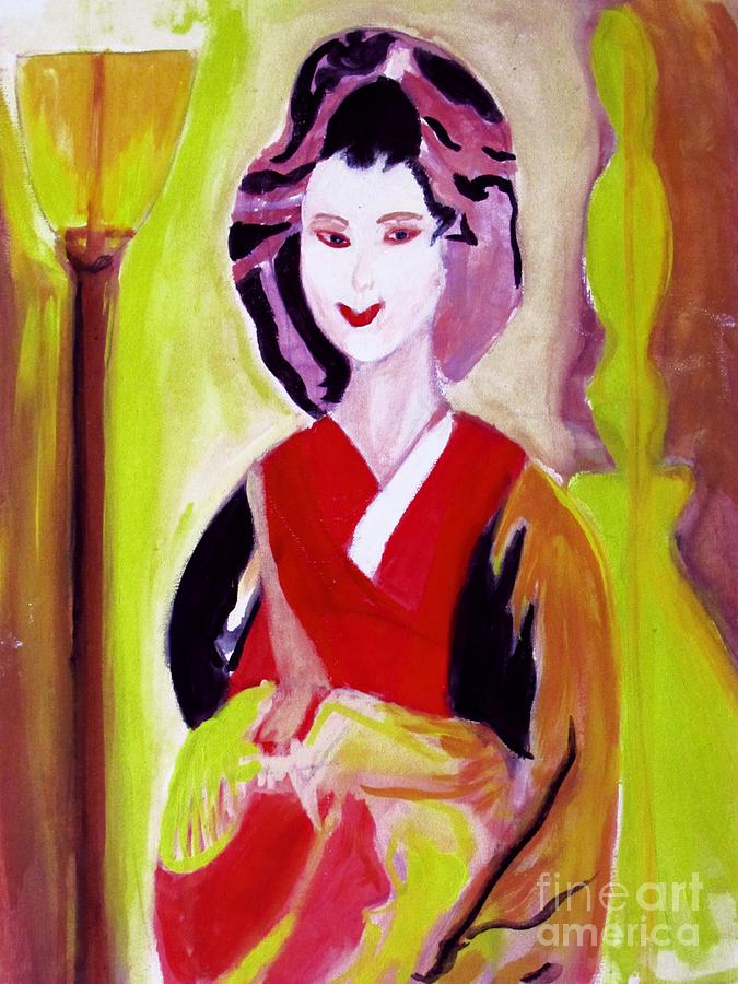Geisha Girl Portrait painted with Picasso style Painting by Stanley Morganstein