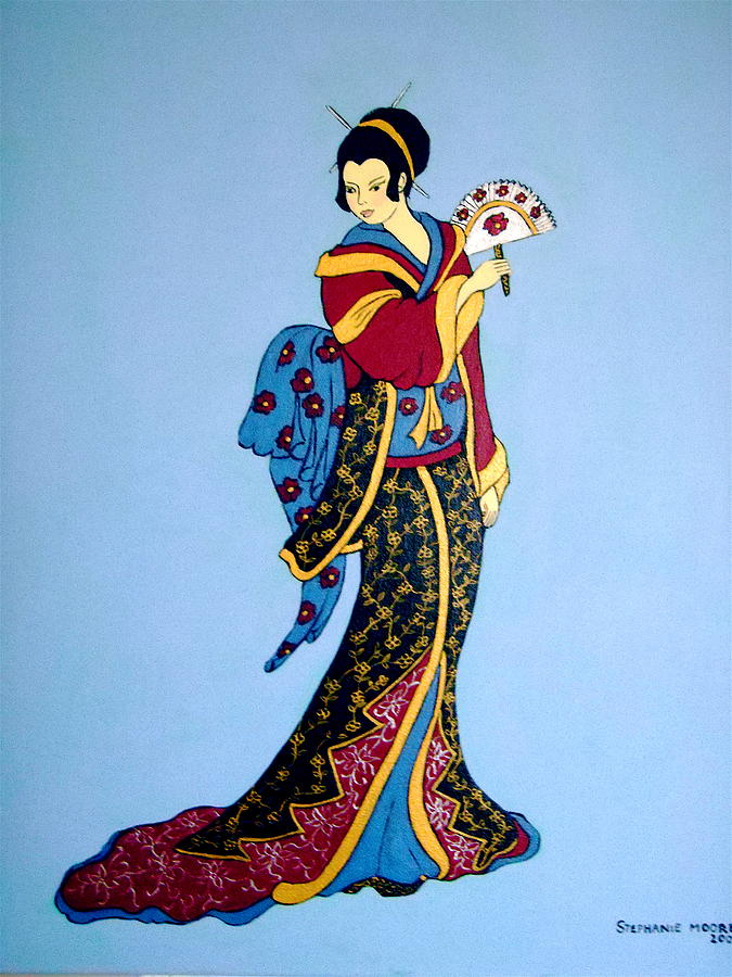 Geisha with fan Painting by Stephanie Moore