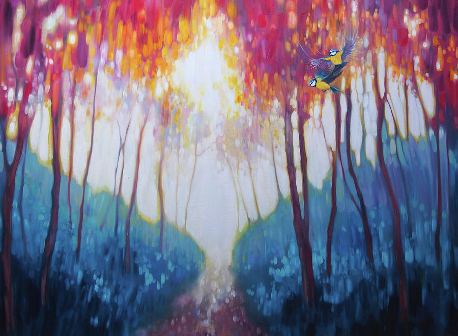 Gems of the Spring Forest - a colorful birds and trees landscape Painting by Gill Bustamante