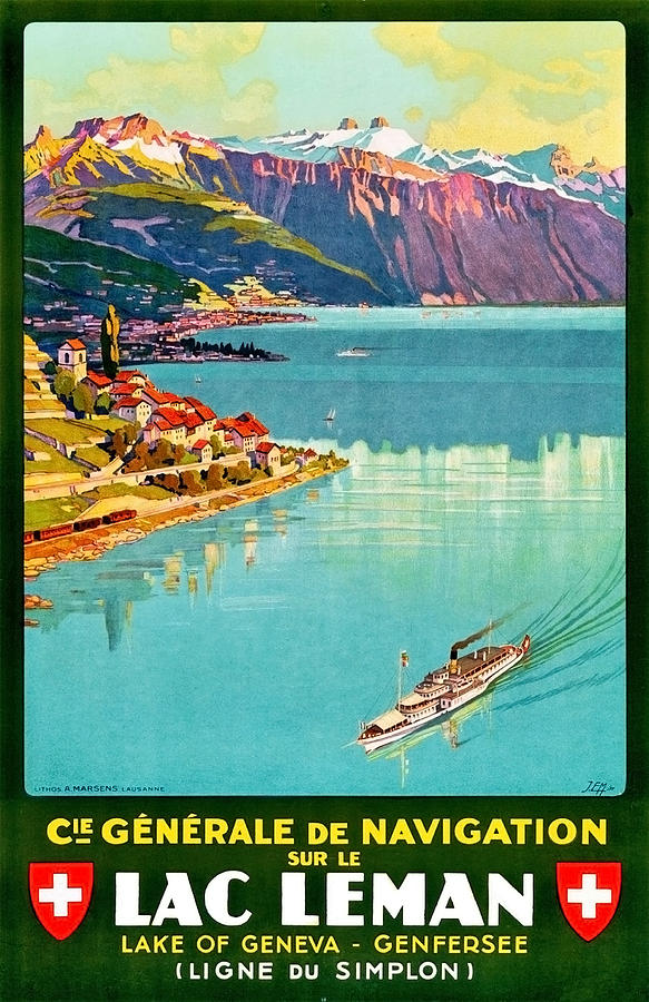 Geneva lake, Switzerland, vintage travel poster Painting by Long Shot