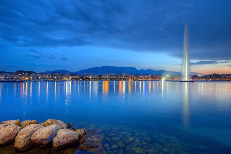 Geneva panorama with famous fountain, Switzerland, HDR Photograph by Elenarts - Elena Duvernay photo