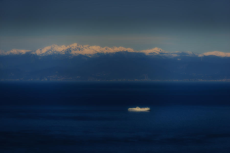 Genoa And Savona Coastal Seascape With Ship And Snowy Alps Mountains Photograph by Enrico Pelos