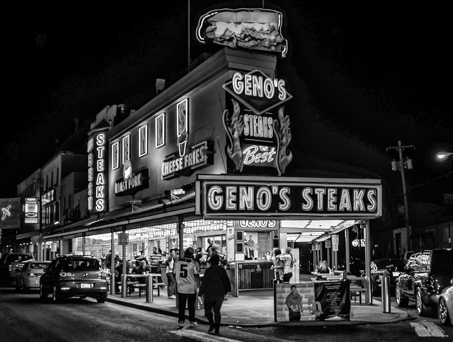 Genos Philadelphia Cheese Steak in Black and White Photograph by Bill Cannon