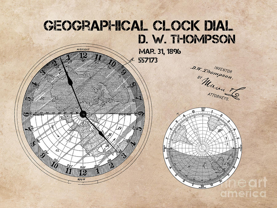 Geographical clock dial Thompson patent art Digital Art by Justyna Jaszke JBJart