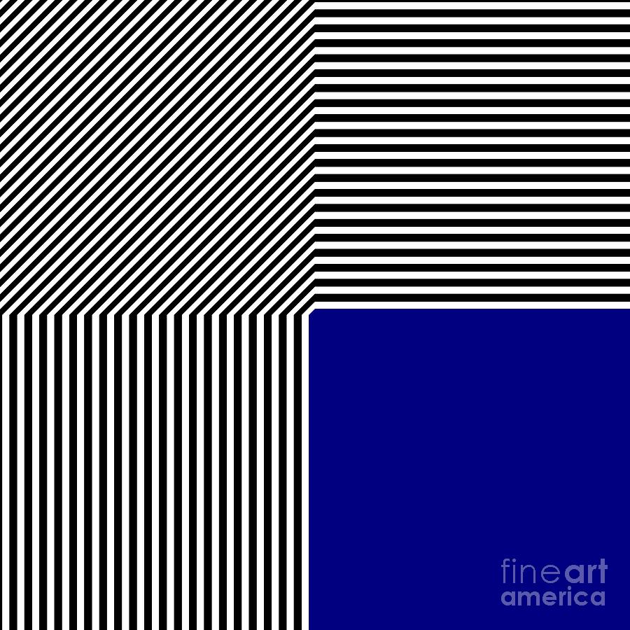 Geometric abstract black and white stripes blue square Drawing by Heidi De Leeuw
