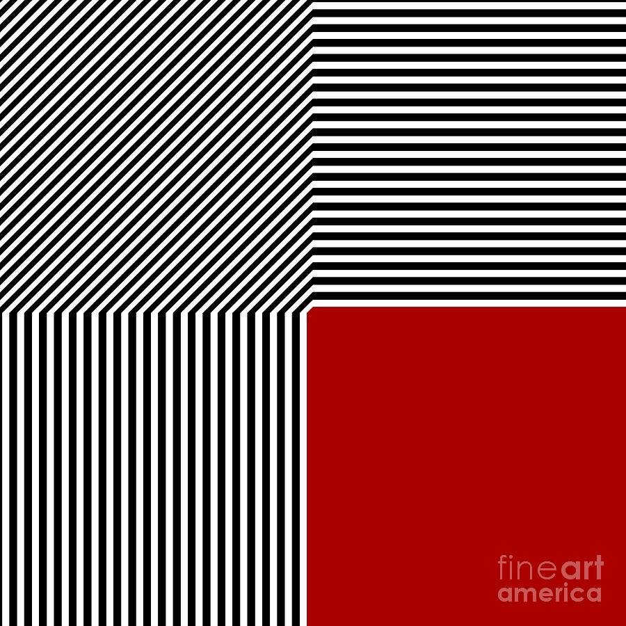 Geometric abstract black and white stripes red square Digital Art by Heidi De Leeuw