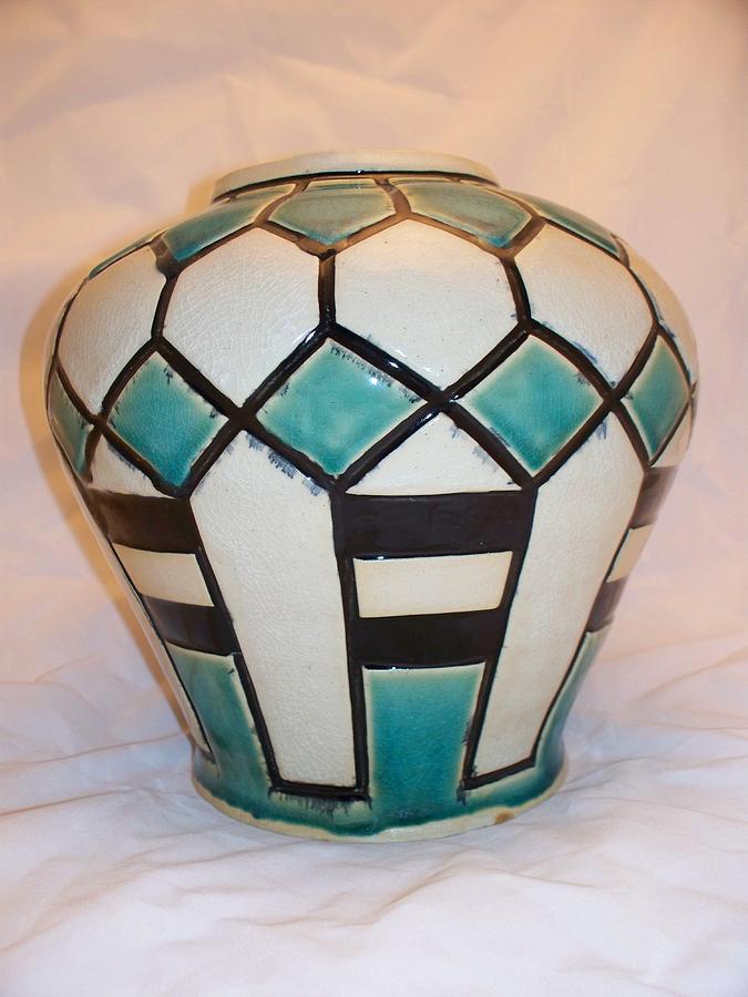 Clay Ceramic Art - Geometric White and Blue by Jason Galles