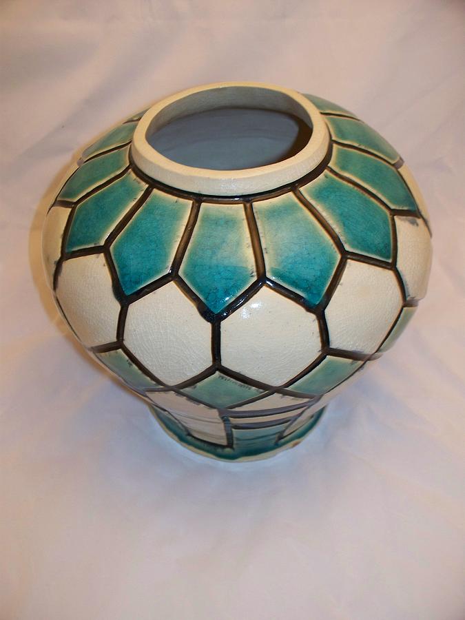 Clay Ceramic Art - Geometric White and Blue- view 2 by Jason Galles