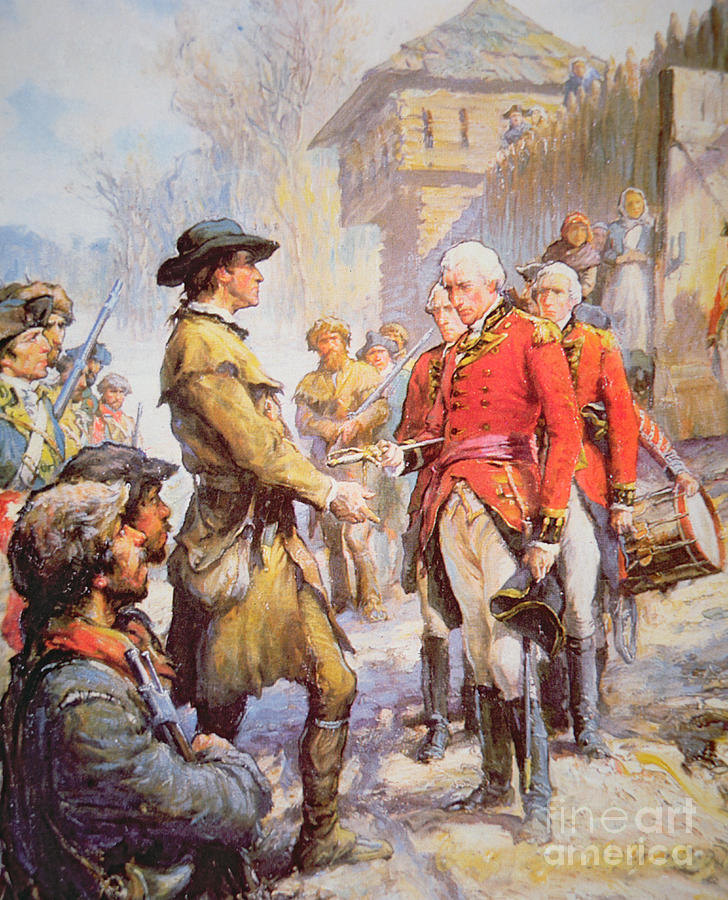 George Rogers Clark accepts the surrender of British commander Henry Hamilton at Fort Sackville Painting by Newell Convers Wyeth