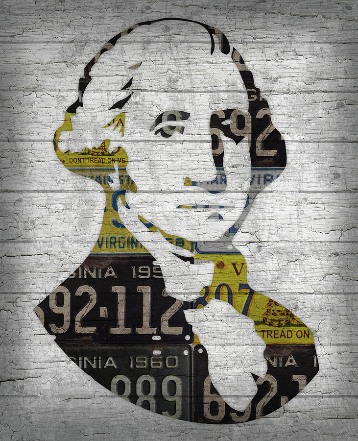 George Washington Mixed Media - George Washington Presidential Portrait in Recycled Vintage Virginia License Plates on Wood by Design Turnpike
