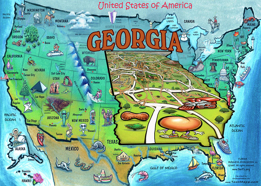 Georgia USA Cartoon Map Painting by Kevin Middleton