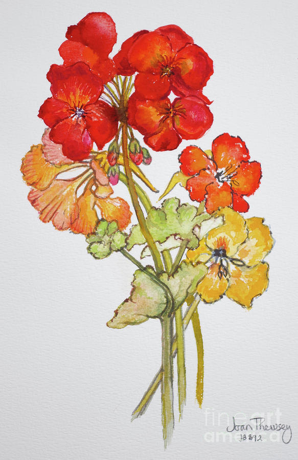 Flower Painting - Geranium and Nasturtiums by Joan Thewsey