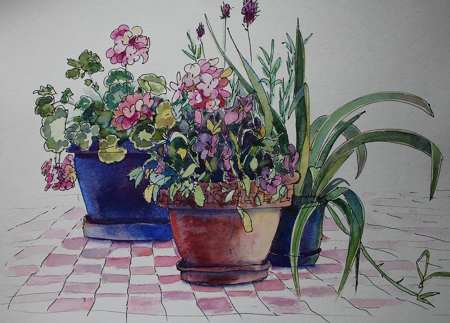 Geraniums and Pansies Painting by Ruth Kamenev