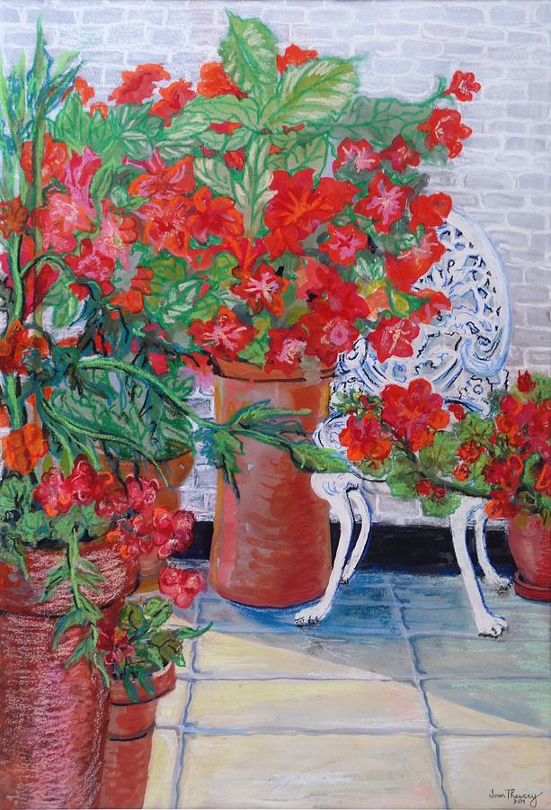 Flower Painting - Geraniums and Petunias on the Terrace by Joan Thewsey