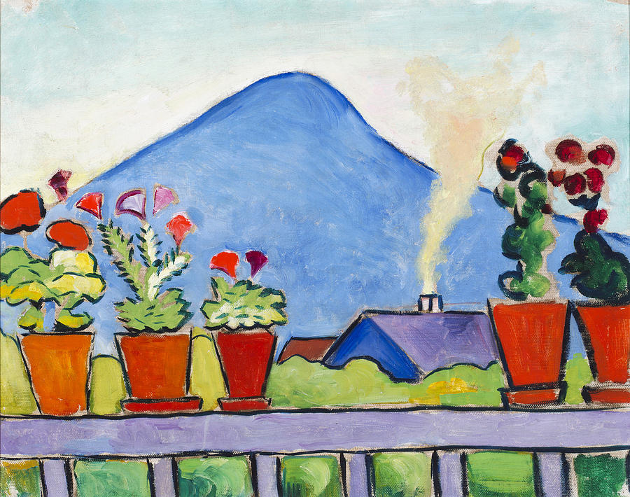 Geraniums Before Blue Mountain Painting by August Macke