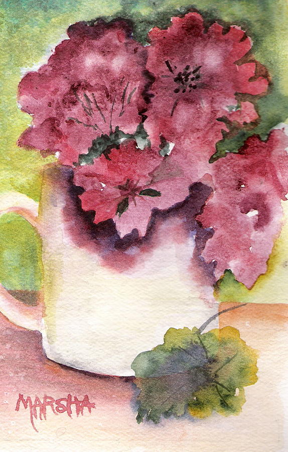 Geraniums in a Cup Painting by Marsha Woods