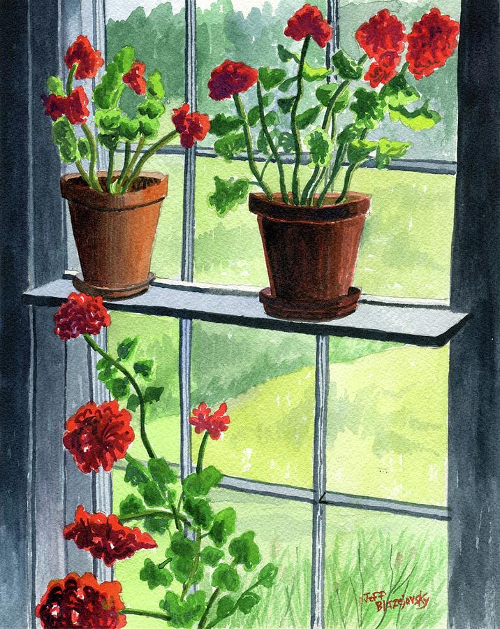 Christinas geraniums Painting by Jeff Blazejovsky