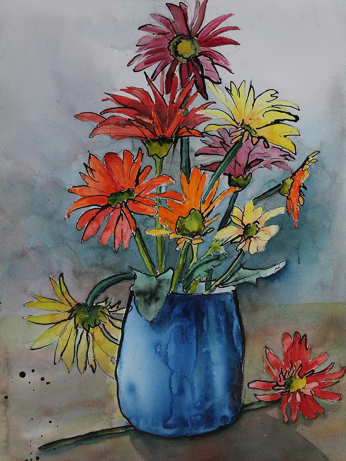 Gerberas in a Blue Pot Painting by Ruth Kamenev