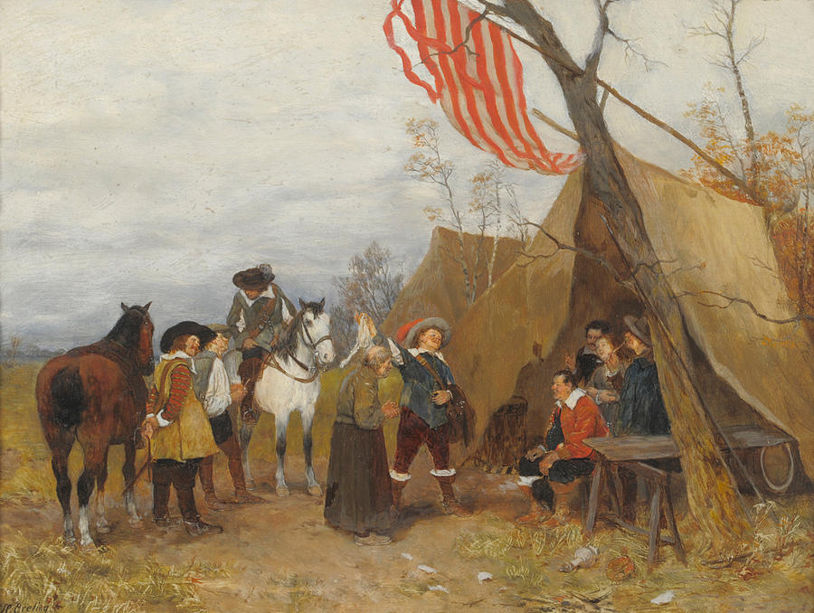 German Cavaliers and horses beside a tent Painting by Heinrich Breling